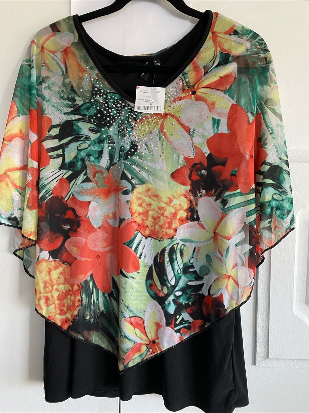Elegant Tropical-Print Crystal Blouse in Draped Multicolor  Top - XL